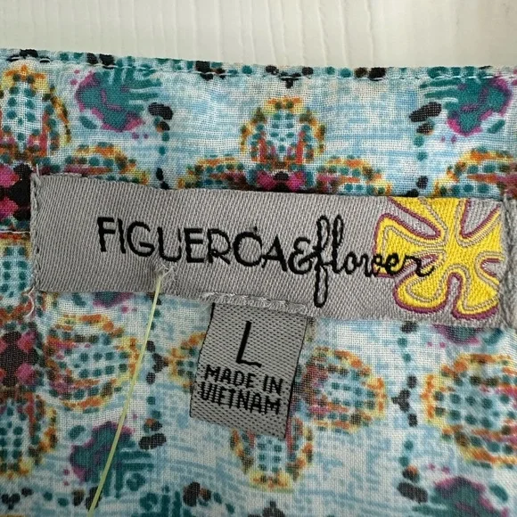 Figueroa and Flower Top Womens Large BOHO Blouse Roll Tab Blue Floral - Picture 2 of 4